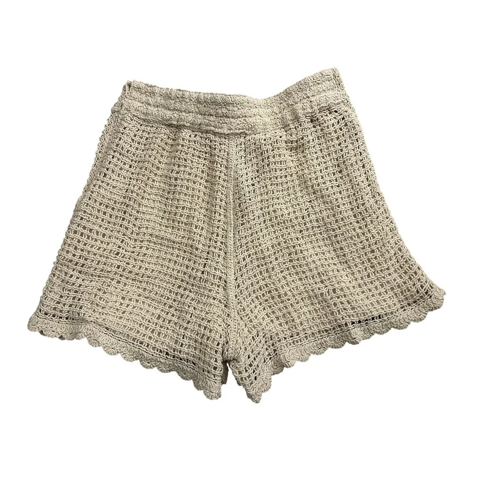 Skies Are Blue Crochet‎ Shorts Womens Small Beige Excellent High Waist Scalloped
